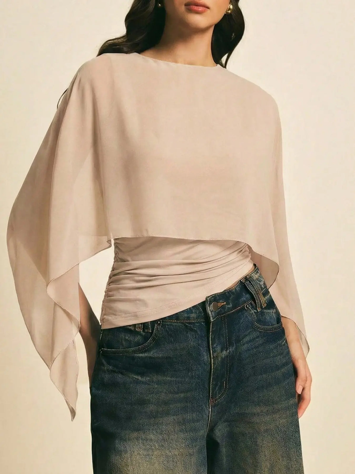 Elegant Minimalist Asymmetrical Basic Blouse Shirts for Women, round Neck, Batwing Sleeve Design, Perfect for Daily Wear & Casual, Stylish Ladies' Top