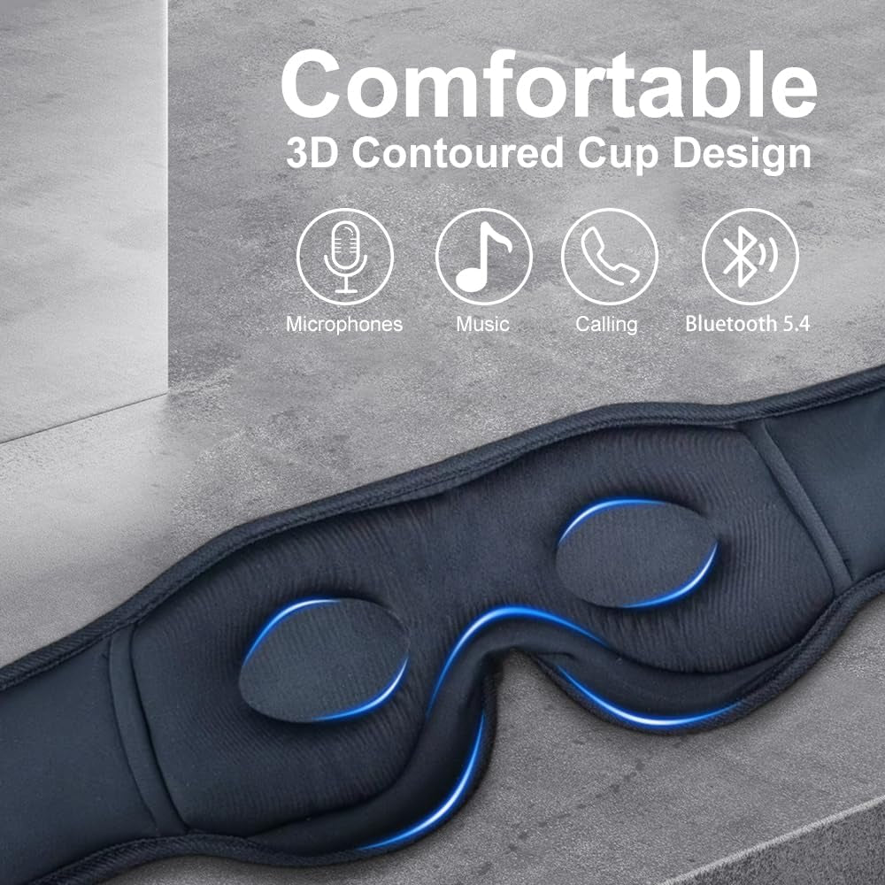 Bluetooth Sleep Mask Wireless Headphones 3D Bluetooth Eye Mask for Side Sleepers  Blackout Eye Mask with Headphones Speaker for Airplane,Travel, Black